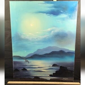 Vintage Oil On Canvas Painting Night Dusk Beach Scene Signed Cheryl Metzger 1985